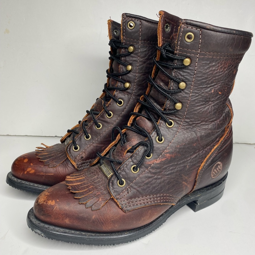 Women’s Double H Lacer 120 Plus Brown Leather Fringe Boots Sz 6.5 - Picture 4 of 15